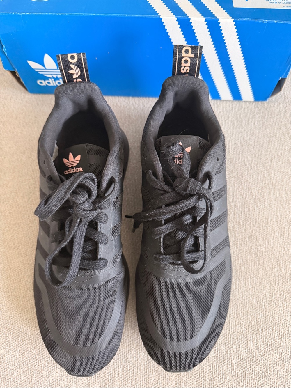 adidas Black Athletic Sneakers with Rose Gold Logo Accents